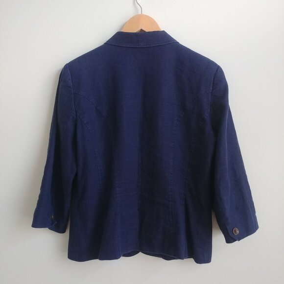 Liz Claiborne 100% linen lined blue blazer jacket 10 cropped bracelet sleeve - Picture 6 of 16